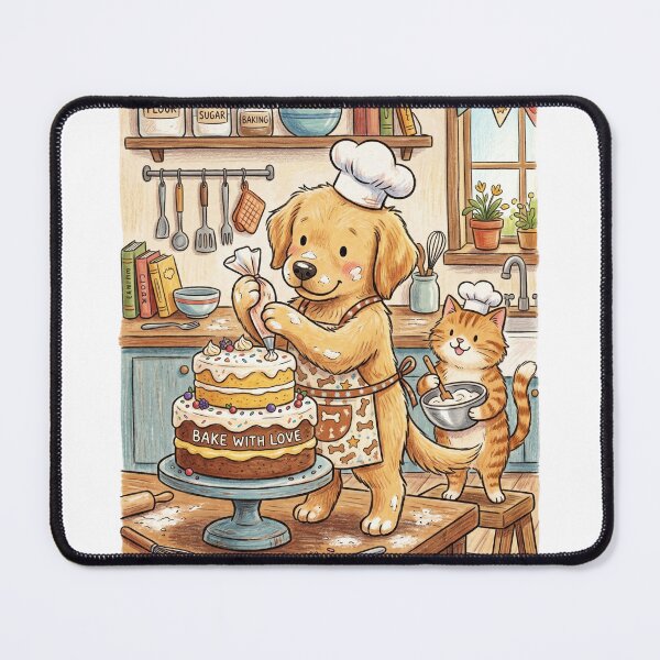 Item preview, Golden Retriever Chef and Cat Baking Cake - Bake with Love designed and sold by TaiwanMemory.
