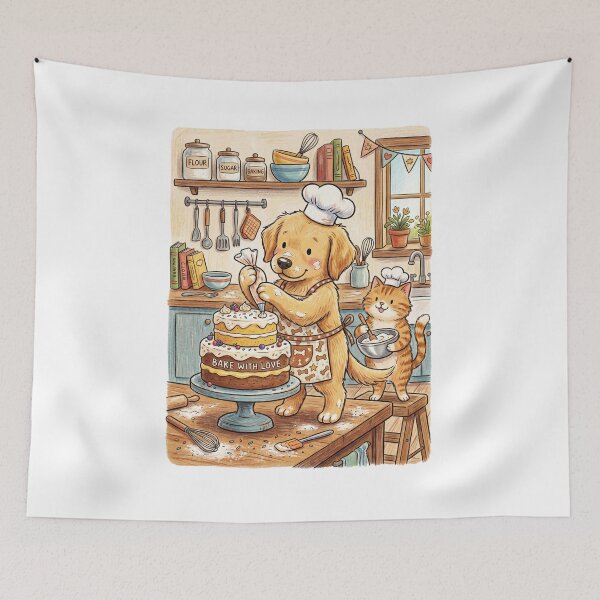 Item preview, Golden Retriever Chef and Cat Baking Cake - Bake with Love designed and sold by TaiwanMemory.