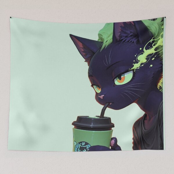 Item preview, Anime Black Cat Drinking Matcha Iced Coffee - I Love Coffee Mix designed and sold by BLUESKY11a.