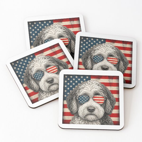 Item preview, Patriotic American Flag Labradoodle Goldendoodle Dog Wearing Sunglasses Retro Vintage Art designed and sold by Twindluzz.