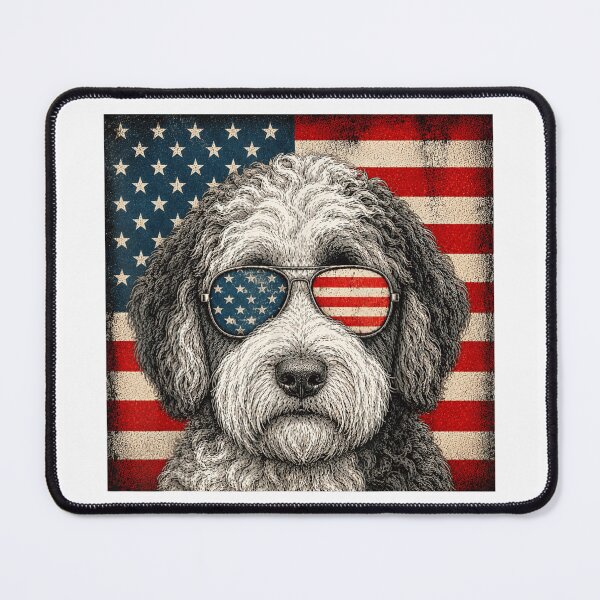 Item preview, Patriotic American Flag Labradoodle Goldendoodle Dog Wearing Sunglasses Retro Vintage Art designed and sold by Twindluzz.