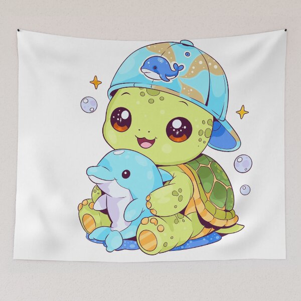 Item preview, Kawaii sea turtle with dolphin plushie - cute turtle cartoon designed and sold by StudioPeachPop.