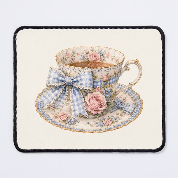 Item preview, Cottagecore Tea Cup with Blue Gingham Bow | Vintage Floral Teacup Illustration designed and sold by looplandger.