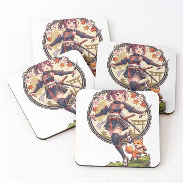 Item preview, Cute Anime Ninja Girl and Kitsune Fox - Kawaii Japanese Art designed and sold by krishna-artdesigns.