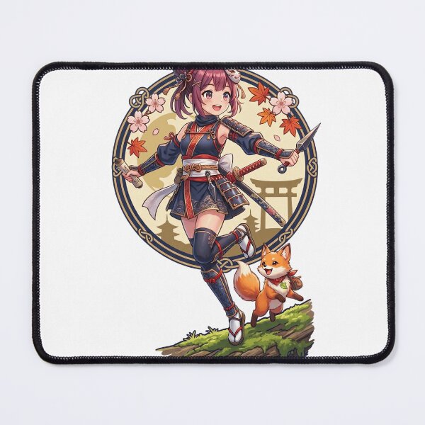 Item preview, Cute Anime Ninja Girl and Kitsune Fox - Kawaii Japanese Art designed and sold by krishna-artdesigns.