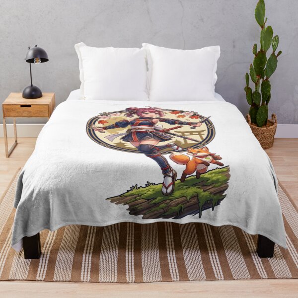 Item preview, Cute Anime Ninja Girl and Kitsune Fox - Kawaii Japanese Art designed and sold by krishna-artdesigns.