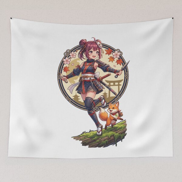 Item preview, Cute Anime Ninja Girl and Kitsune Fox - Kawaii Japanese Art designed and sold by krishna-artdesigns.