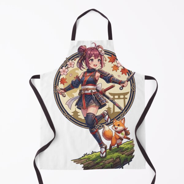 Item preview, Cute Anime Ninja Girl and Kitsune Fox - Kawaii Japanese Art designed and sold by krishna-artdesigns.