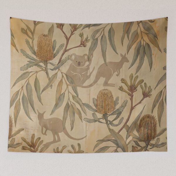 Item preview, Kangaroo Pattern Botanical Floral Marine Farmhouse Textile designed and sold by ART ATTACK ZONE.