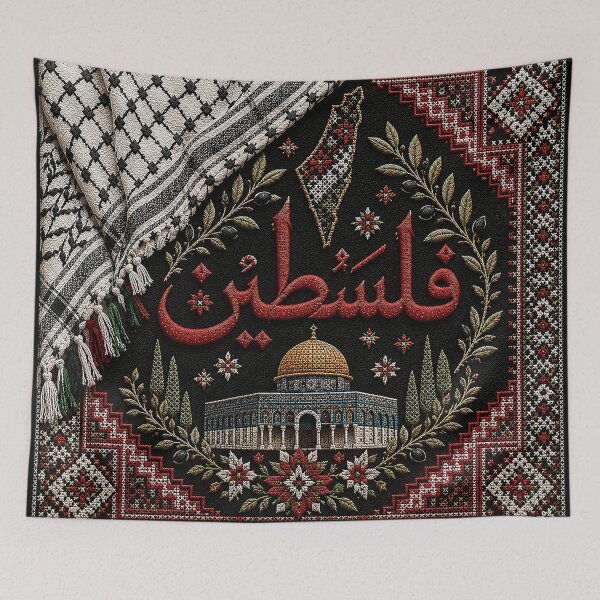 Item preview, Palestine Flag Map and Keffiyeh Tatreez Calligraphy Art designed and sold by BrainCurves.