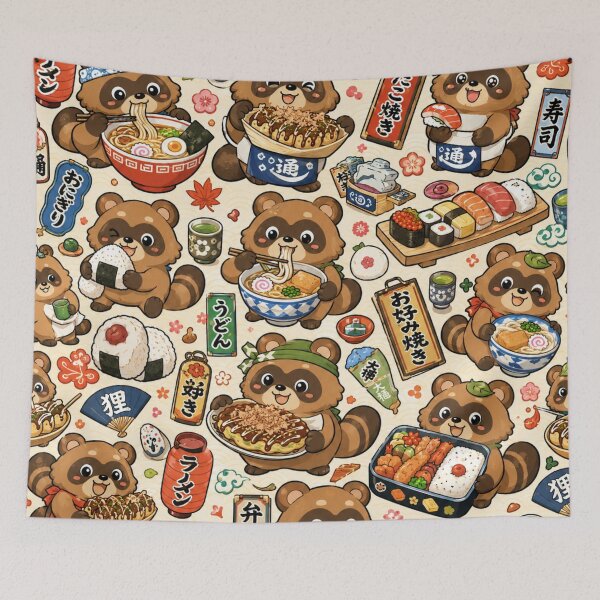 Item preview, Kawaii Tanuki Japanese Foodie Pattern – Cute Raccoon Dogs Enjoying Regional Japanese Cuisine Seamless Scrapbook Paper designed and sold by kawaii animal store (in Japan).