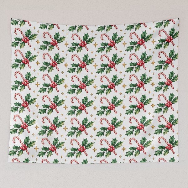 Item preview, Seamless Christmas pattern with candy canes, holly leaves, berries, and gold stars designed and sold by zozo-shop.