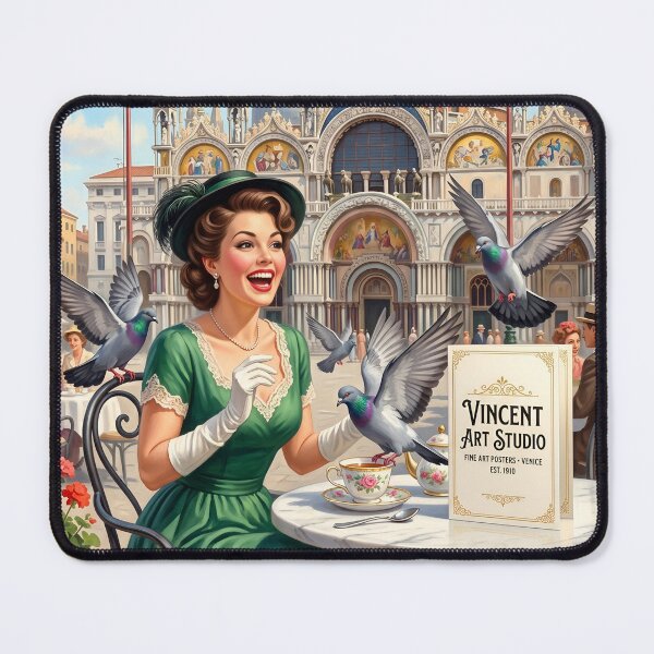 Item preview, Vintage Venetian Cafe Scene with Lady and Pigeons designed and sold by Vincent-68.