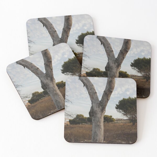 Item preview, Weathered Dead Tree Trunk Split In Y Shape Standing In Dry Field Under Cloudy Sky designed and sold by Nmallia.