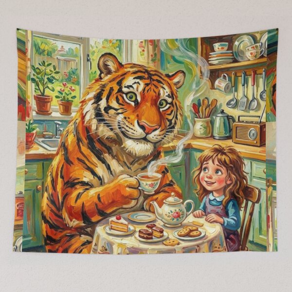 Item preview, An Unexpected Guest – The Tiger Who Came to Tea Fine Art Print designed and sold by Art's Diner.