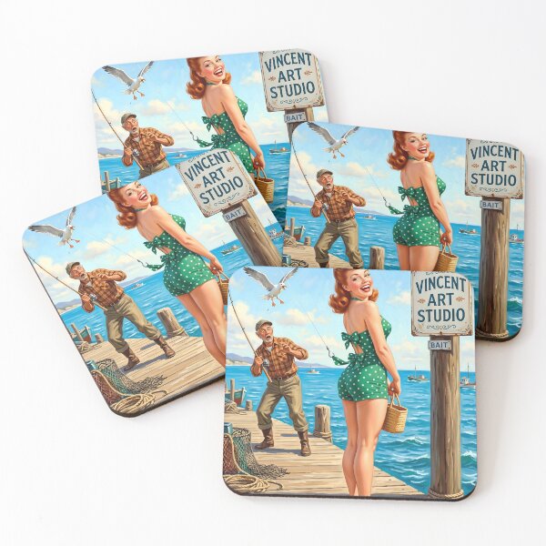 Item preview, Vintage Pinup Pier Fishing Comedy Art Print designed and sold by Vincent-68.