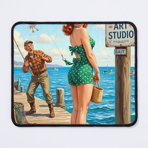 Item preview, Vintage Pinup Pier Fishing Comedy Art Print designed and sold by Vincent-68.