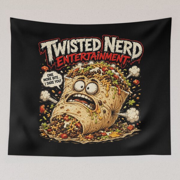 Item preview, Twisted Nerd Entertainment Angry Burrito Comical Food Monster Bursting Overfilled Illustration designed and sold by Taniyah Gomes.