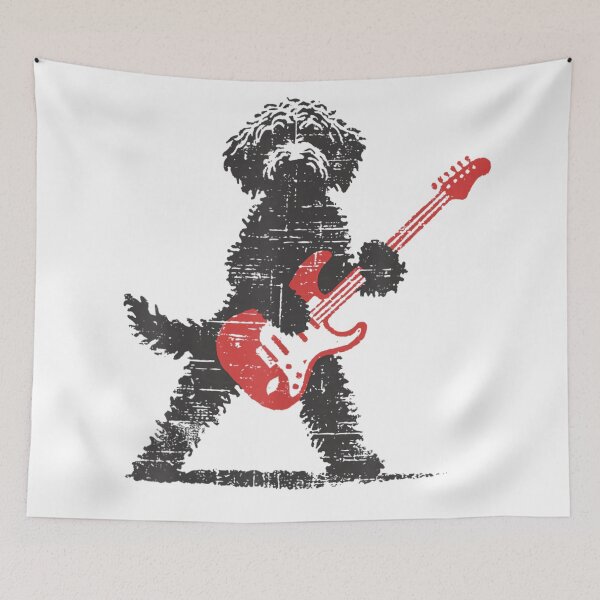 Item preview, Distressed Rock Star Dog Playing Electric Guitar Silhouette Red Instrument Art designed and sold by LizzyKeiko.