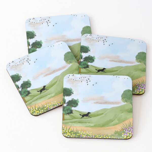 Item preview, Running Black Dog in Spring Meadow – Watercolor Countryside Landscape designed and sold by UllassaStore.
