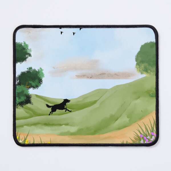 Item preview, Running Black Dog in Spring Meadow – Watercolor Countryside Landscape designed and sold by UllassaStore.