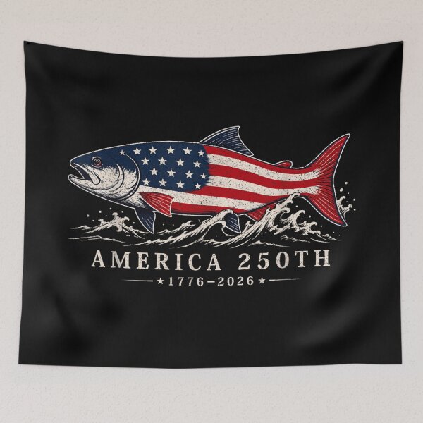Item preview, America 250th Semiquincentennial United States Flag Patriotic Fishing Salmon Vintage Graphic designed and sold by StuZabine.