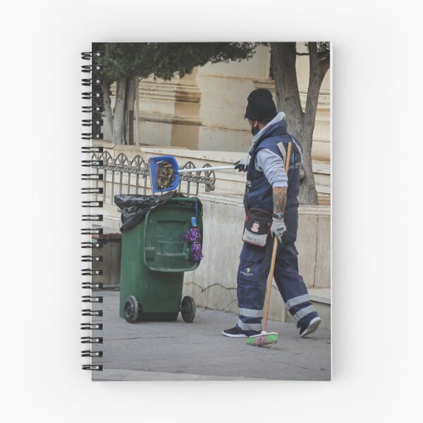 Item preview, Street Cleaner Wearing Uniform Sweeping Near Green Trash Bin by Public Steps and Bench designed and sold by Nmallia.