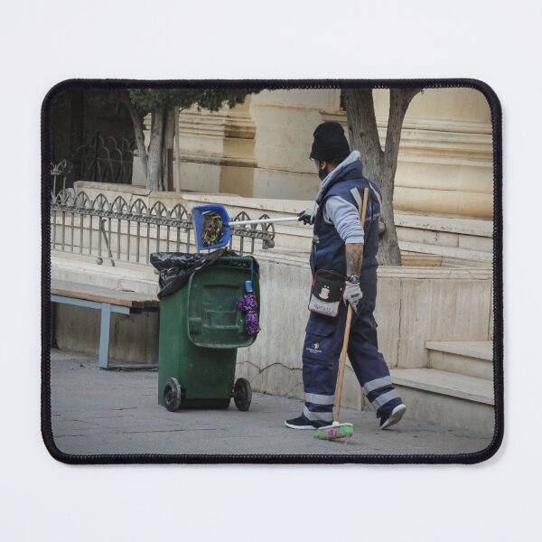 Item preview, Street Cleaner Wearing Uniform Sweeping Near Green Trash Bin by Public Steps and Bench designed and sold by Nmallia.