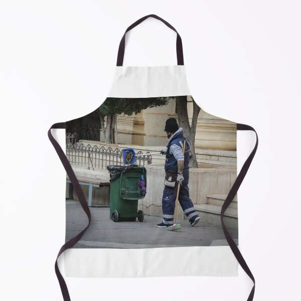 Item preview, Street Cleaner Wearing Uniform Sweeping Near Green Trash Bin by Public Steps and Bench designed and sold by Nmallia.