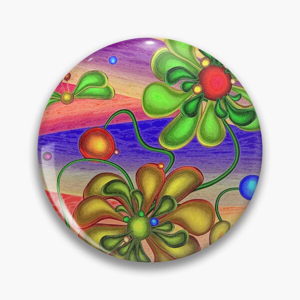 Item preview, Whimsical hippie retro green gold floral butterfly pin button designed and sold by Ofir mor.