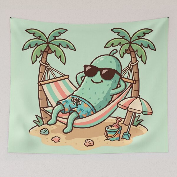 Item preview, Cute Summer Pickle Relaxing In Hammock Funny Pickle Lover Beach Vacation Kawaii Cartoon Gift designed and sold by Basma Designs | Retro, Kawaii Shirts & Stickers.