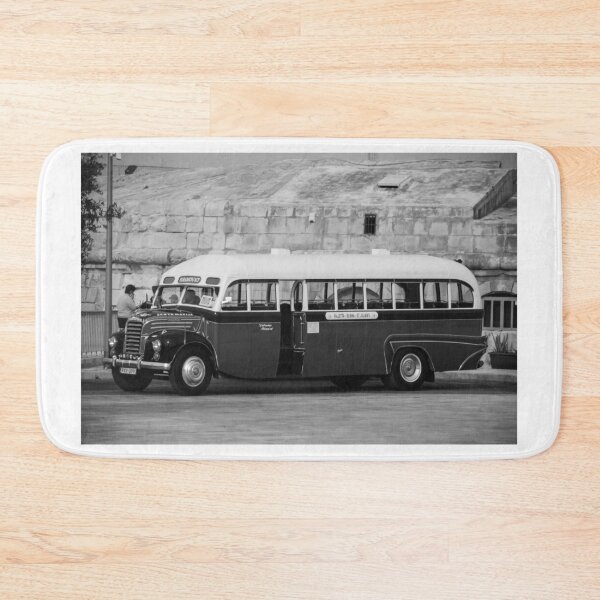 Item preview, Vintage Maltese Bus Parked By Historic Stone Wall in Valletta - Classic Retro Coach and Nostalgic Transport Scene designed and sold by Nmallia.