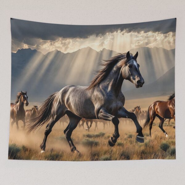 Item preview, Gray Horse Running with Herd at Sunset designed and sold by IntelliMindDesigns.