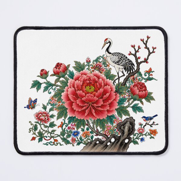 Item preview, Red Peonies on a Scholar’s Rock with Mincho Crane | Korean Minhwa Folk Art designed and sold by K-Tradition.