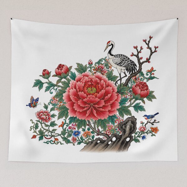 Item preview, Red Peonies on a Scholar’s Rock with Mincho Crane | Korean Minhwa Folk Art designed and sold by K-Tradition.