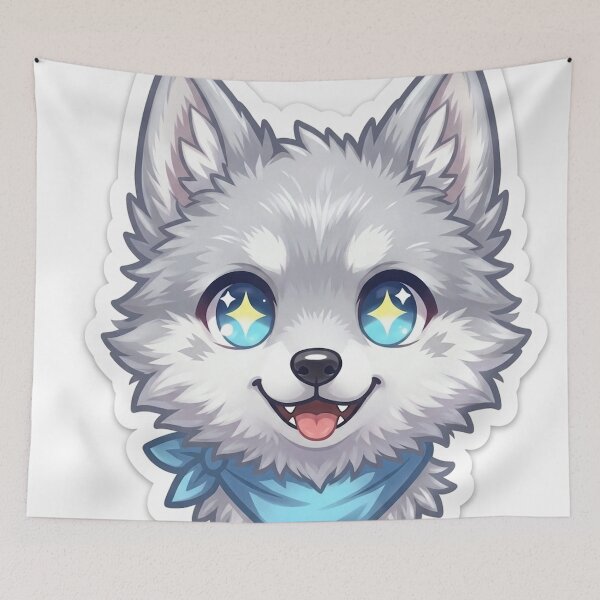 Item preview, Luna Chibi Face Sticker Kawaii Silver Wolf Pup Blue Eyes Crescent Moon Cute Anime Sticker Gift designed and sold by NeoTigLuna.