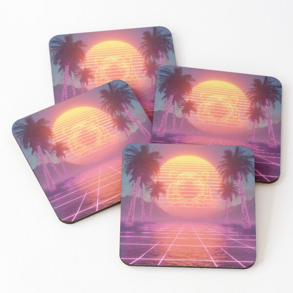 Item preview, 80s retrowave sunset over a neon grid ocean with neon tiger designed and sold by wallpapersarts.