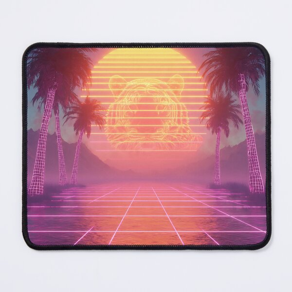 Item preview, 80s retrowave sunset over a neon grid ocean with neon tiger designed and sold by wallpapersarts.