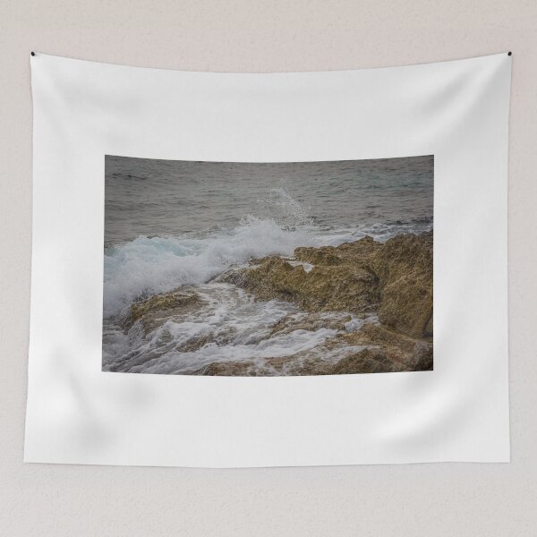 Item preview, Crashing Ocean Waves Over Rocky Shoreline With White Foam Splash And Textured Rocks designed and sold by Nmallia.