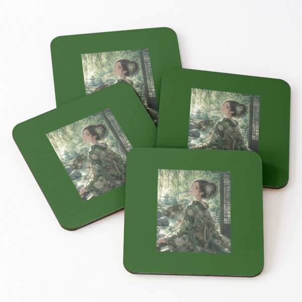Item preview, Green kimono lady in nature designed and sold by Japanese Vibes.