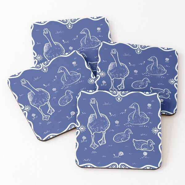 Item preview, Duck family doodle in vintage blue and white designed and sold by Catphonesoup.
