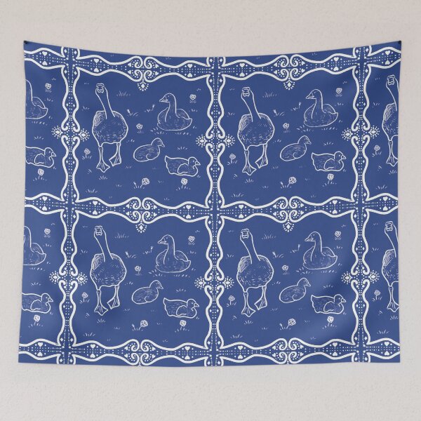 Item preview, Duck family doodle in vintage blue and white designed and sold by Catphonesoup.