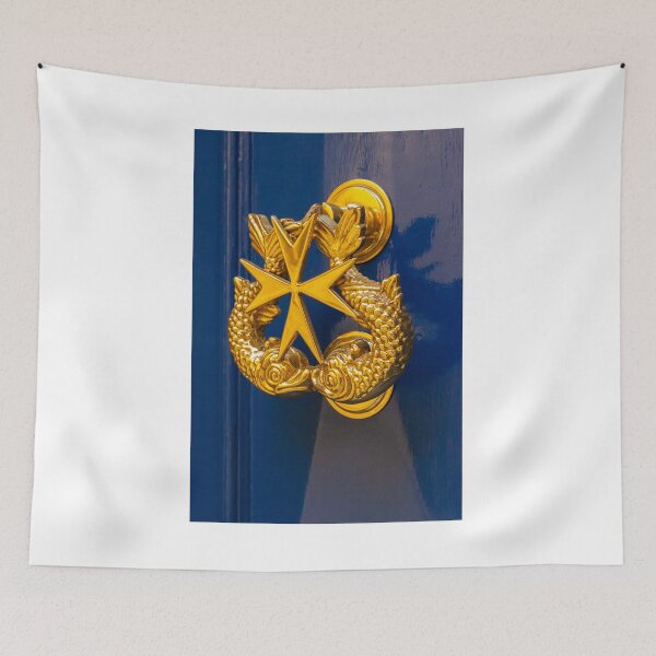 Item preview, Golden Maltese Cross Door Knocker On Glossy Blue Door With Ornate Dolphin Motifs designed and sold by Nmallia.