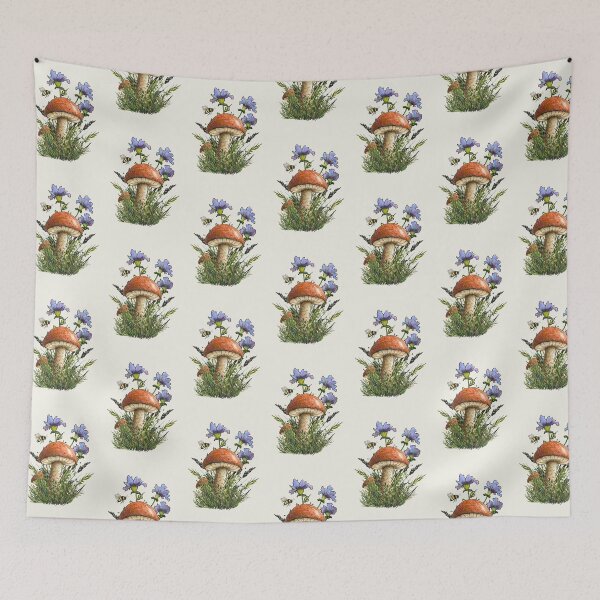 Item preview, Porcini Mushrooms and Purple Flowers, Bee designed and sold by JoyfulWhimsy.