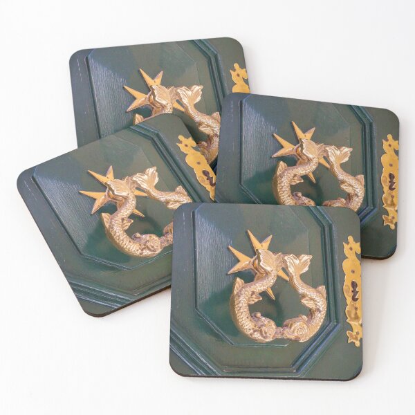 Item preview, Ornate Gold Door Knocker On Dark Green Wood Door With Star Motif And Antique Keyhole designed and sold by Nmallia.