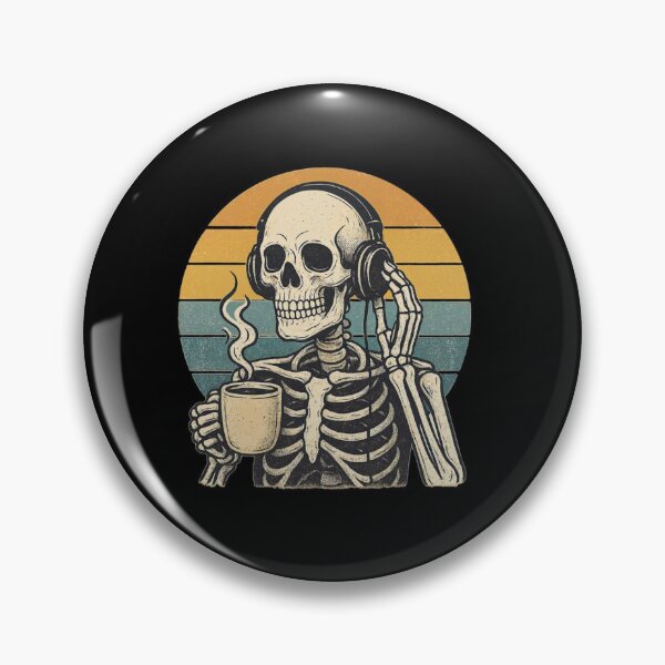 Item preview, Skeleton Drinking Coffee with Headphones - Retro Sunset Illustration designed and sold by GrimNest.