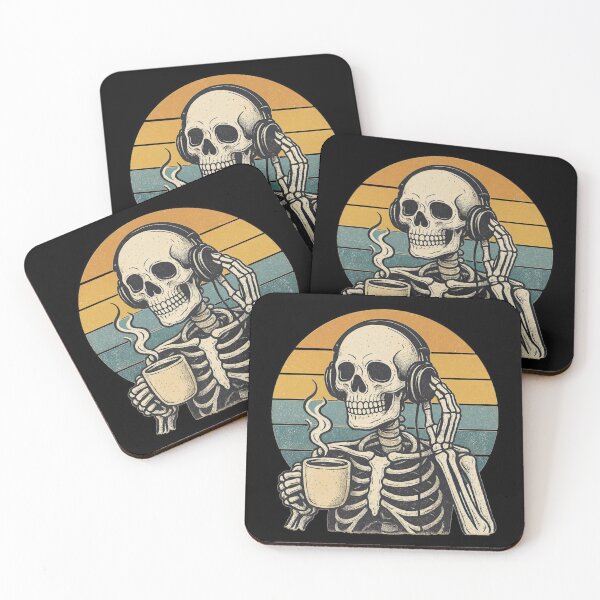 Item preview, Skeleton Drinking Coffee with Headphones - Retro Sunset Illustration designed and sold by GrimNest.