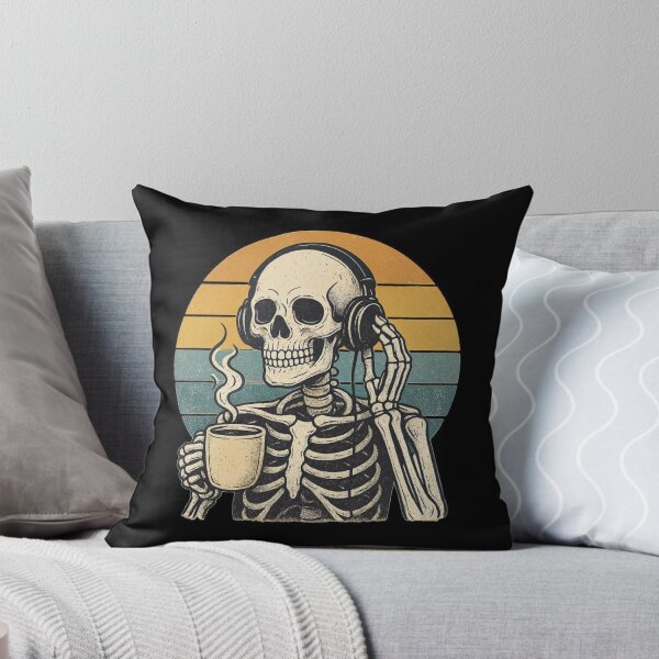Item preview, Skeleton Drinking Coffee with Headphones - Retro Sunset Illustration designed and sold by UrbanCanvas 111.