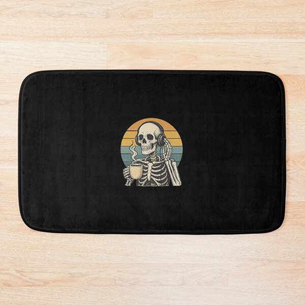 Item preview, Skeleton Drinking Coffee with Headphones - Retro Sunset Illustration designed and sold by UrbanCanvas 111.