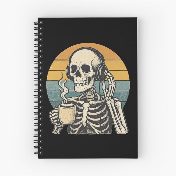 Item preview, Skeleton Drinking Coffee with Headphones - Retro Sunset Illustration designed and sold by UrbanCanvas 111.
